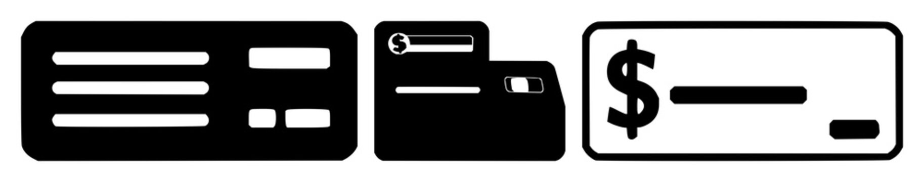 Payroll salary check icon set with solid black icon on white background featuring money, check, salary with illustration and vector graphics