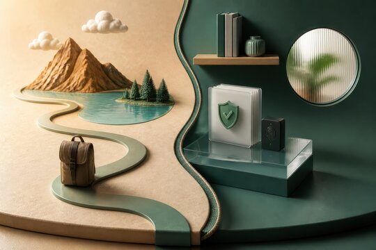 Travel and cybersecurity concept with split 3D landscape and secure document display