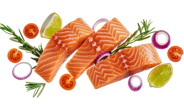 Fresh salmon fillets with cherry tomatoes lime wedges red onion rings and rosemary sprigs, isolated on transparent background
