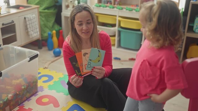 Woman holding flashcards and pointing to banana and lemon pictures while seated on a colorful playmat inside a building; nurturing learning.