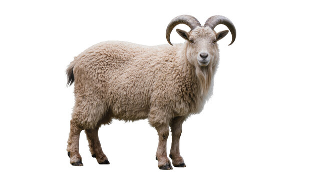 Fluffy horned ram with thick wool coat, isolated on transparent background