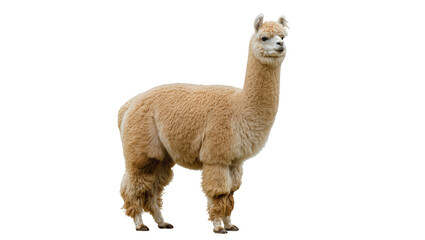 Fototapeta premium Fluffy light brown alpaca standing, isolated on transparent background