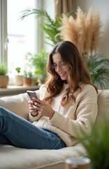 Obraz premium Young woman with glasses uses smartphone on comfy sofa. She smiles while browsing online content in her cozy apartment. Natural light illuminates the room.