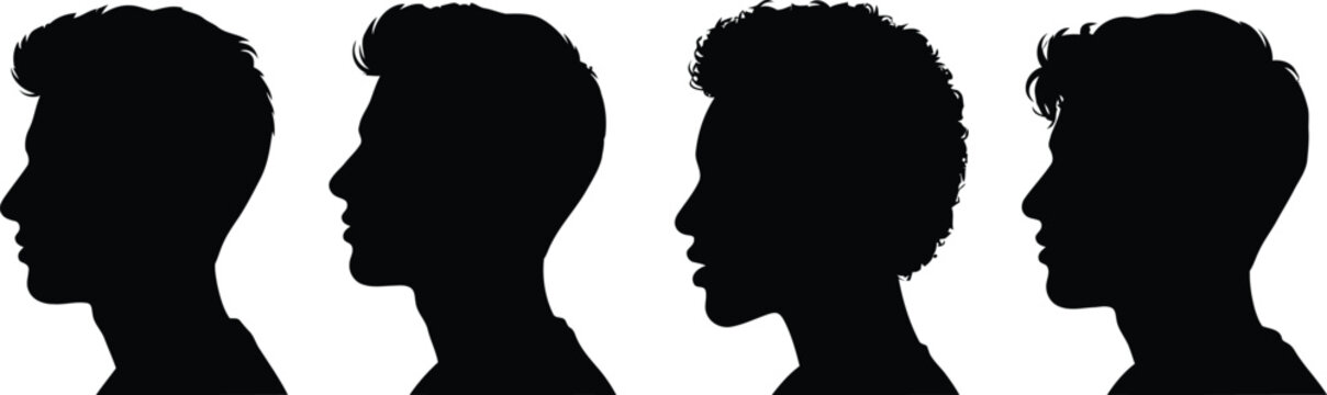 Four black silhouettes of men's heads
