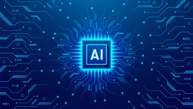 Concept glowing core of artificial intelligence. Digital AI brain on circuit board with blue electric traces. Futuristic vector banner with luminous AI processor. Tech computing concept.