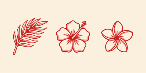Tropical flowers and palm leaf line art vector illustration set. Hand drawn doodle hibiscus and plumeria frangipani blossoms. Minimalist red outline floral design elements isolated on background. © Nh Parvej