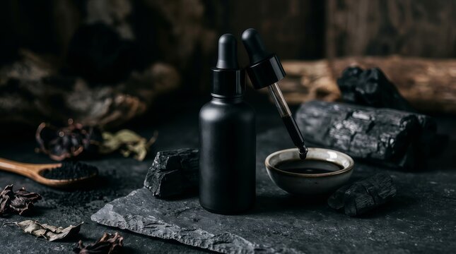Black glass bottles with droppers and a bowl of black liquid on a dark surface