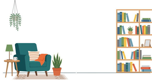 Cozy reading corner illustration with armchair bookshelf and house plants.