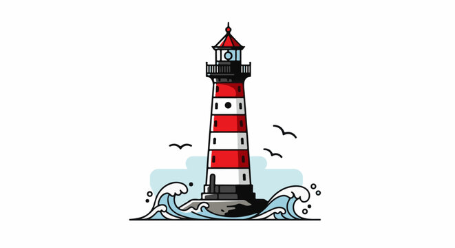 Stylized red and white lighthouse on a rock, with waves and birds