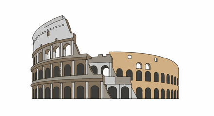 Naklejka premium Stylized depiction of a partially preserved ancient amphitheater with arched openings and layered tiers
