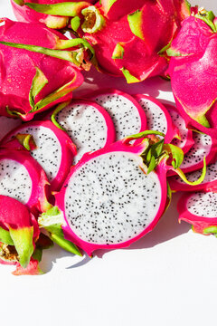 Vertical Dragon Fruit and Pitaya Composition, Half Fruit Close-Up
