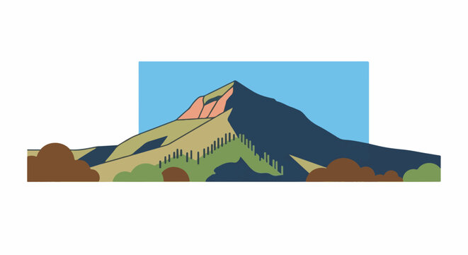 Stylized mountain landscape with rolling hills, sparse trees, and a clear blue sky