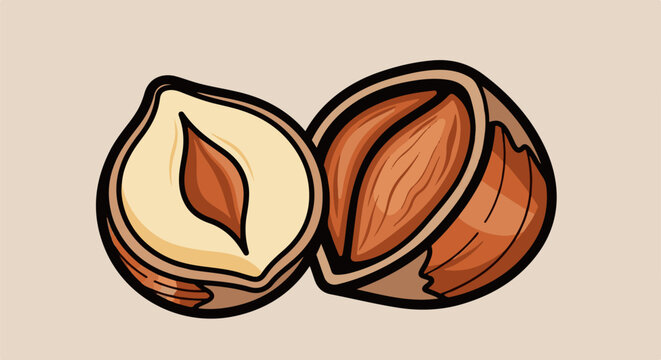 Stylized depiction of a halved hazelnut and a whole hazelnut on a neutral background