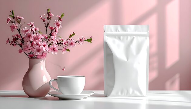 Pink blossoms in vase, white tea cup and blank package on table, pink wall