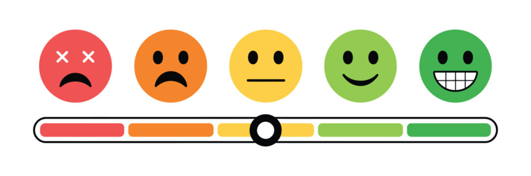 Colorful feedback scale with expressive emoticons and rating slider for customer satisfaction surveys, online reviews, service quality assessment, user experience feedback systems, and modern flat 