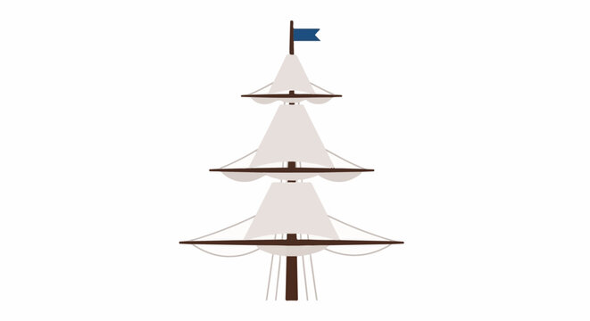 Stylized depiction of a sailing ship's mast with three white sails unfurled and a blue flag