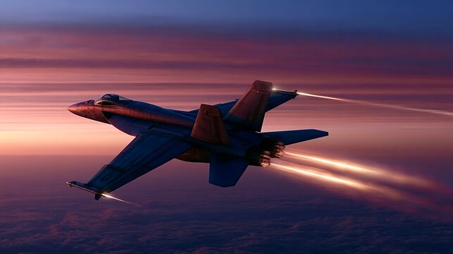F 18 hornet fighter jet flying during sunset in colorful sky