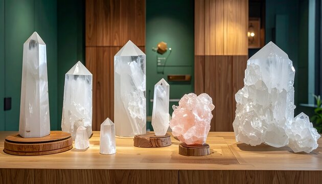 Crystalline formations on wood platform, varied sizes, colors, and translucent opacity