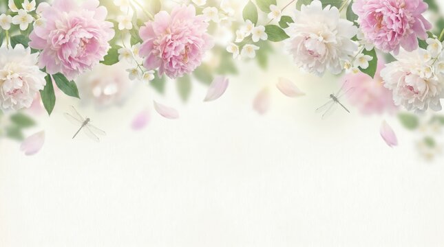 Spring floral border with pink peonies and white jasmine blossoms flying with dragonfly.
