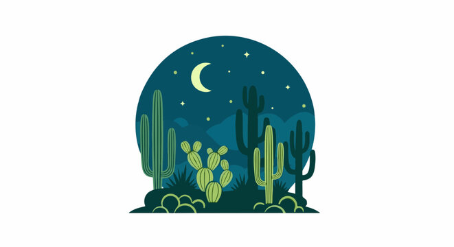 Stylized desert landscape with various cacti under a crescent moon and starry night sky