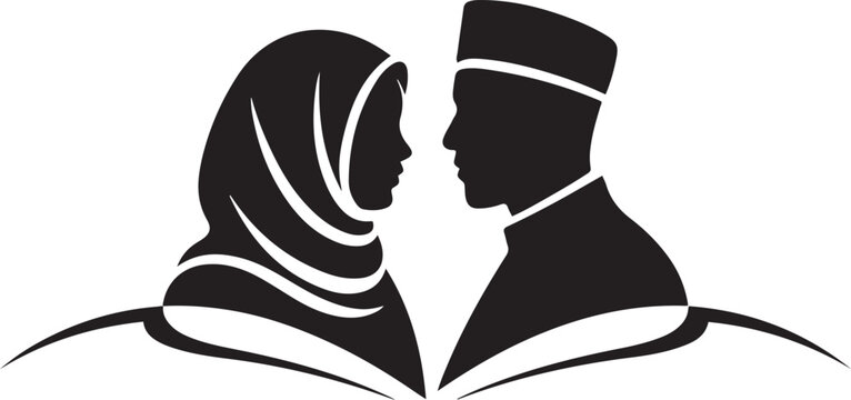 Muslim couple facing each other hijab kufi. logo Vector Black silhouettes