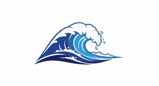 Stylized ocean wave with foamy crest and cascading water drops, against white