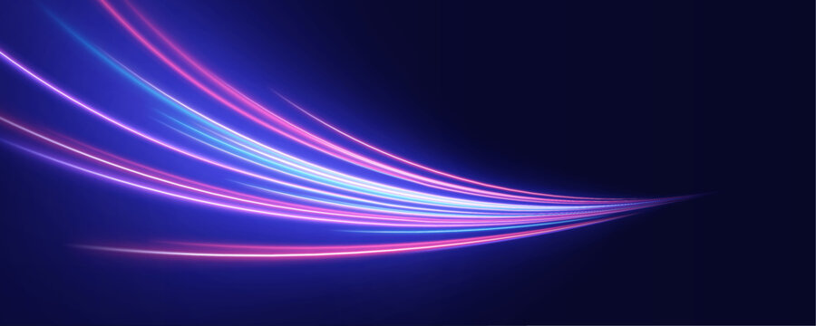 Pink and cyan glowing streaks spin through a digital tunnel. Motion blur gives a sense of rapid velocity. Futuristic vector composition feels alive.
