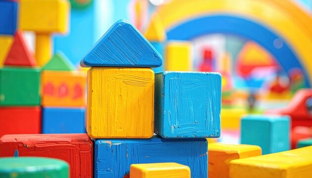 Colorful Wooden Building Blocks Stacked Artistically Indoors, Engaging Children in Creative Play and Early Learning Development