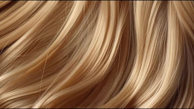 Close-up of shiny blonde hair strands flowing in soft waves, smooth texture with warm highlights and gentle camera movement.