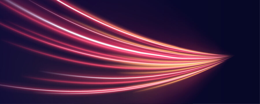 Electric pink streaks curve across a futuristic city bridge. Flowing motion lines add energy and depth. Night vector illustration feels cinematic.