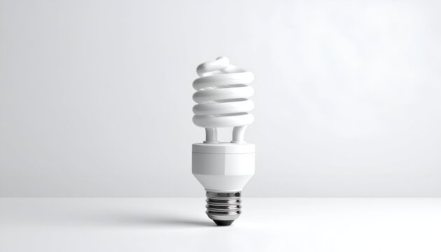 Compact fluorescent lamp bulb sits centrally, against a bright background