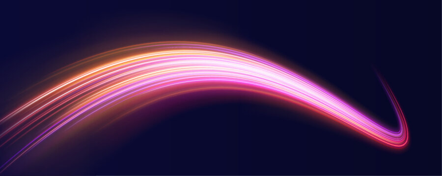 Bright orange light streaks flash across a dark cyber highway. Motion blur intensifies the speed sensation. Futuristic vector design feels powerful.