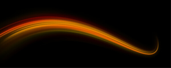 Glowing orange curves sweep across a rainy cyber street. Reflections shimmer beneath moving light trails. Futuristic vector design feels alive.  © kleinstock