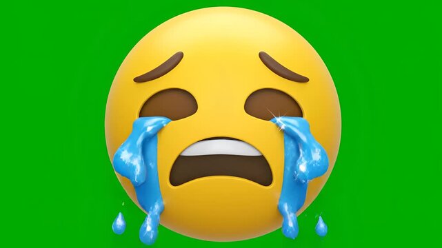 Sad Crying Emoji Face with Tears on Green Screen Background.