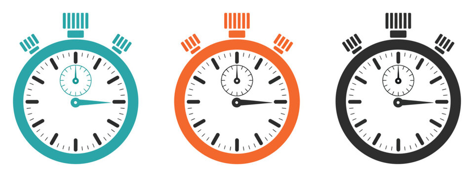 Colorful stopwatch icons with teal, orange, and black accents for time tracking, work efficiency, schedule organization, deadline management, mobile app interfaces, and professional vector design 