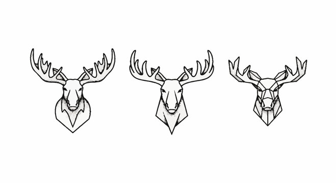 Geometric Line Art Moose Deer Elk Antlers Illustration Set.