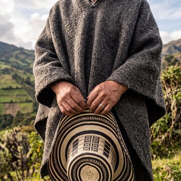 Colombian ruana wool poncho holding sombrero vueltiao