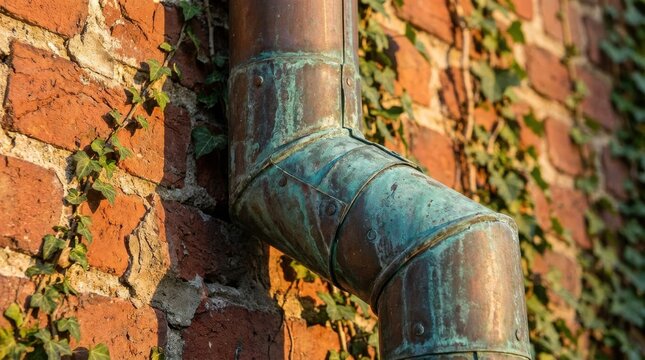 Aged copper downspout with vibrant verdigris patina on a brick wall with ivy