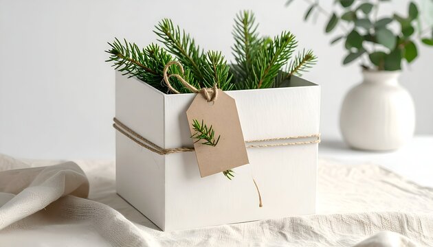Fir branches in square pot with tag, rustic twine decor, neutral background