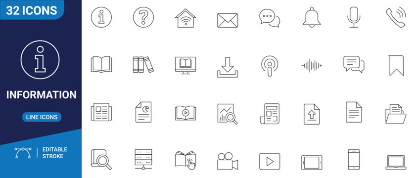 Information set icon featuring minimalist outline illustrations of data sharing, digital communication, and knowledge transfer.