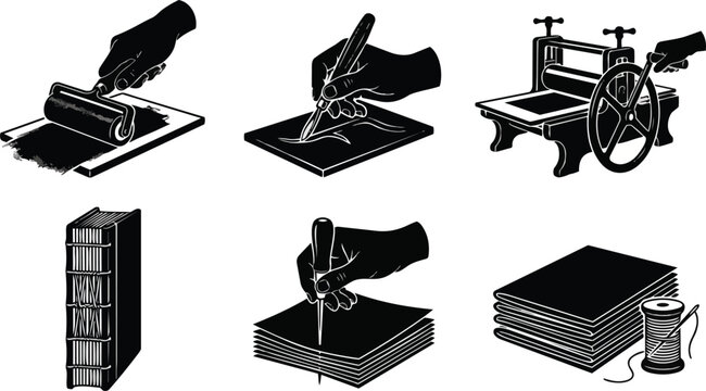 Collection of various artistic bookbinding and printmaking craft icons featuring manual tools and specialized equipment used by traditional artisans for professional paper crafting projects presented 