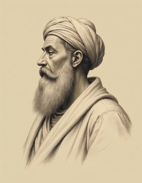 Side profile portrait of old bearded man with turban. He wears simple draped clothing, his face shows wisdom and contemplation. Minimalist line drawing with subtle shading on soft beige backdrop.