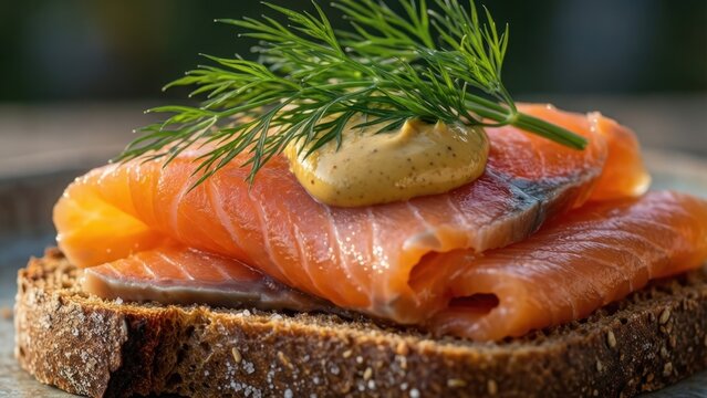 Extreme macro sm&oslash;rrebr&oslash;d with smoked salmon, rye bread, dill, and honey mustard, showing rich texture and glossy detail.

