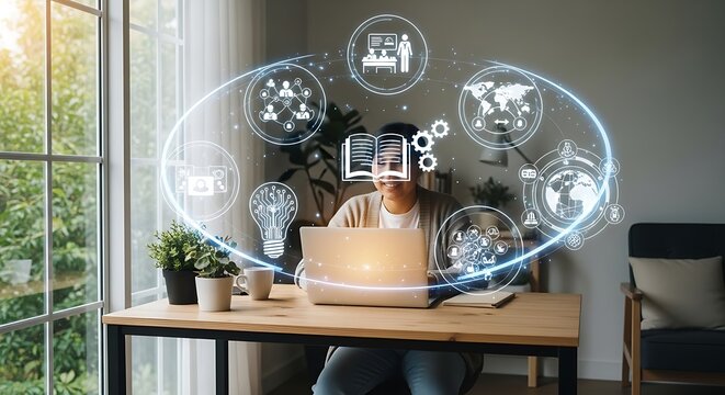 Online education and e-learning concept. A person use a laptop with icons representing online education, learning, knowledge sharing, educational tools, training, webinar on internet, digital courses,