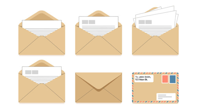 Flat design envelope icons showing different mail statuses and a sealed letter with address label