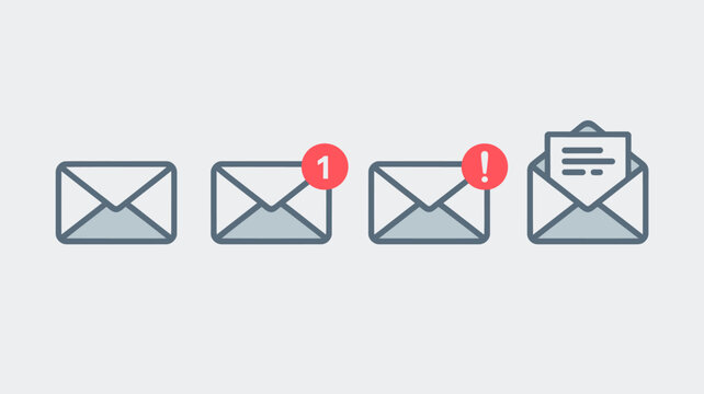 Email notification icons showing unread and read messages with alert symbols