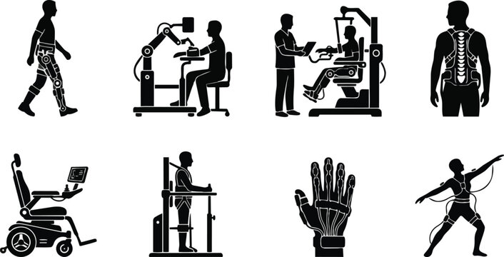 Set of black silhouette icons depicting various medical exoskeleton devices and robotic rehabilitation equipment designed for physical therapy and human mobility assistance for patients in a professio