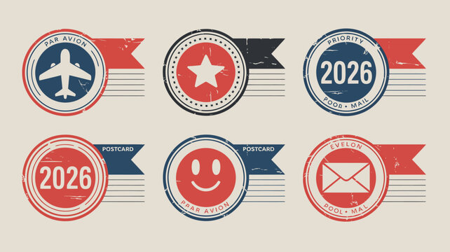 Set of six colorful retro style postage and mail service badges with 2026 anniversary design