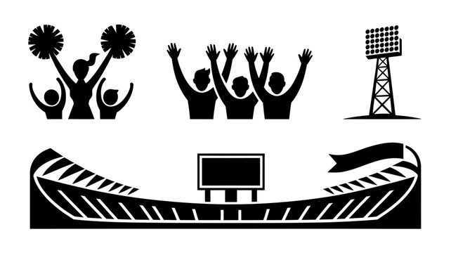 Cheerful crowd cheering at sports stadium with pom poms and scoreboard