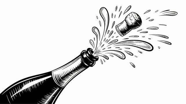 Champagne bottle popping with cork flying out and bubbles bursting